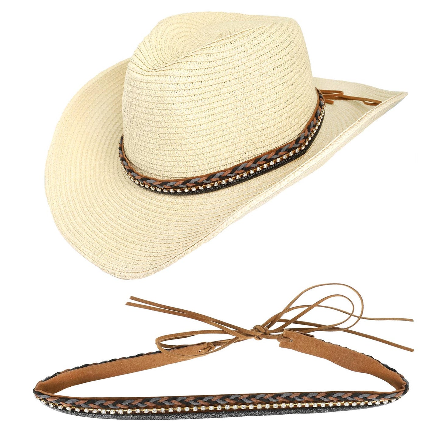 Western Rhinestone Braided Leather Hat Band