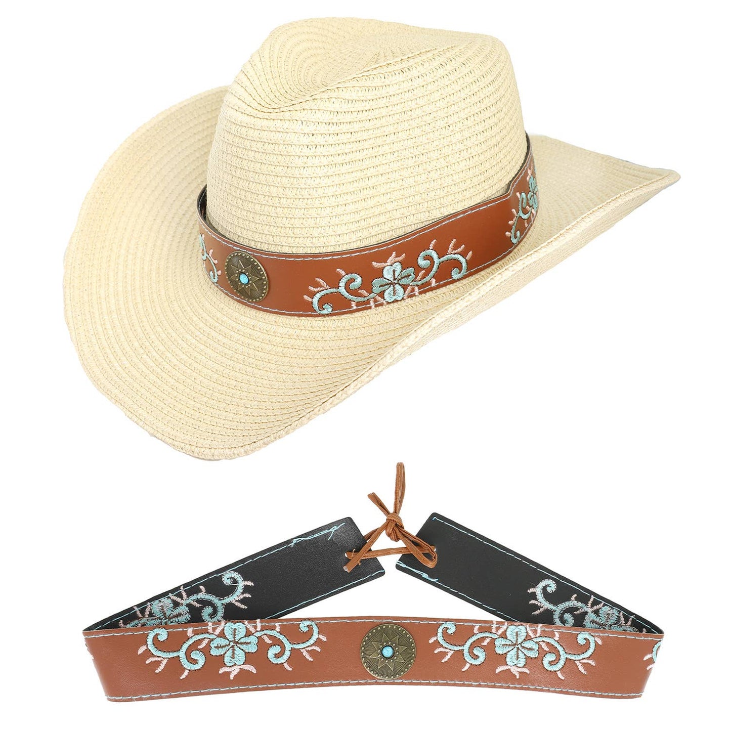 Western Floral Embroidered Leather Hat Band