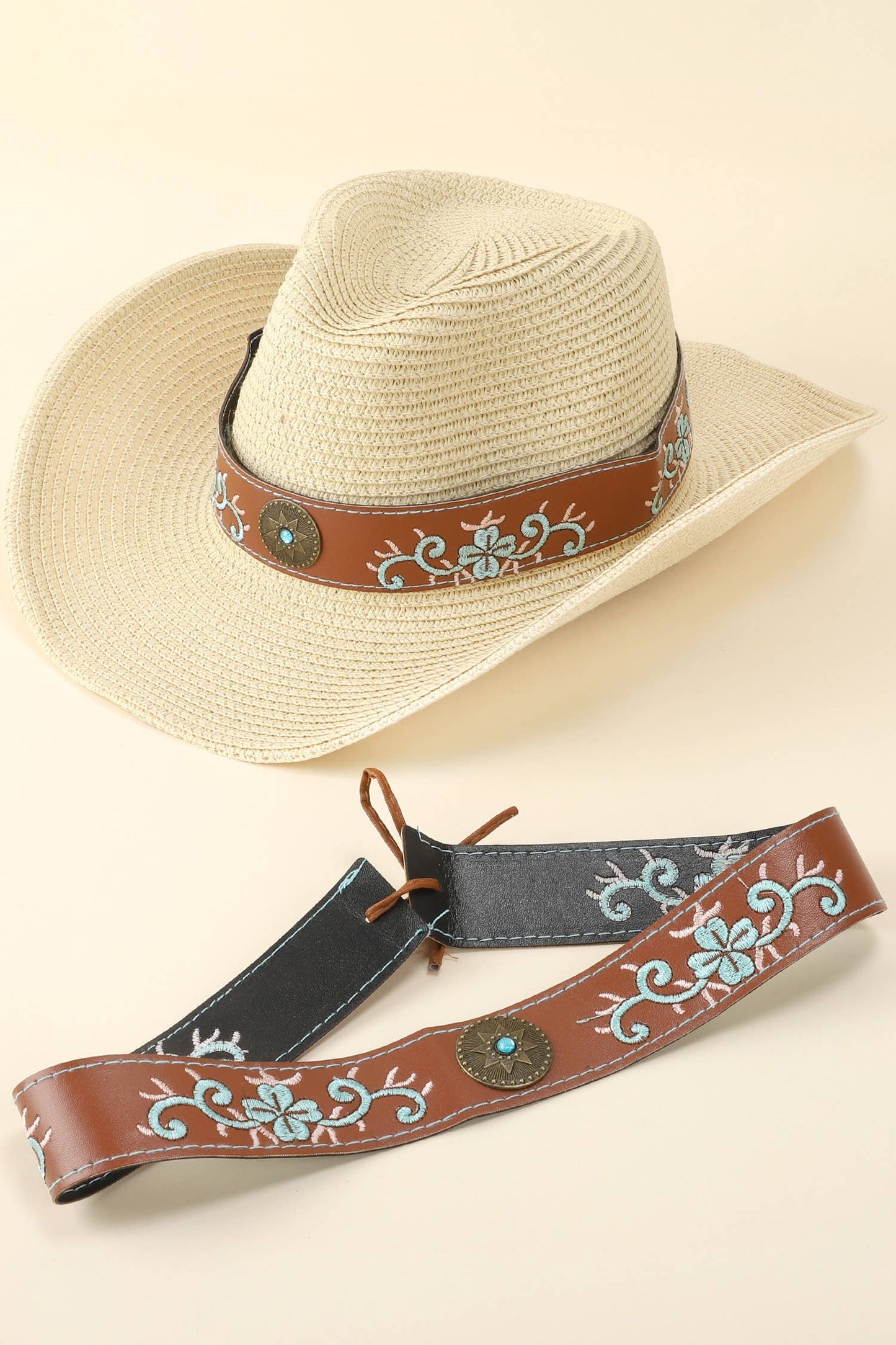 Western Floral Embroidered Leather Hat Band