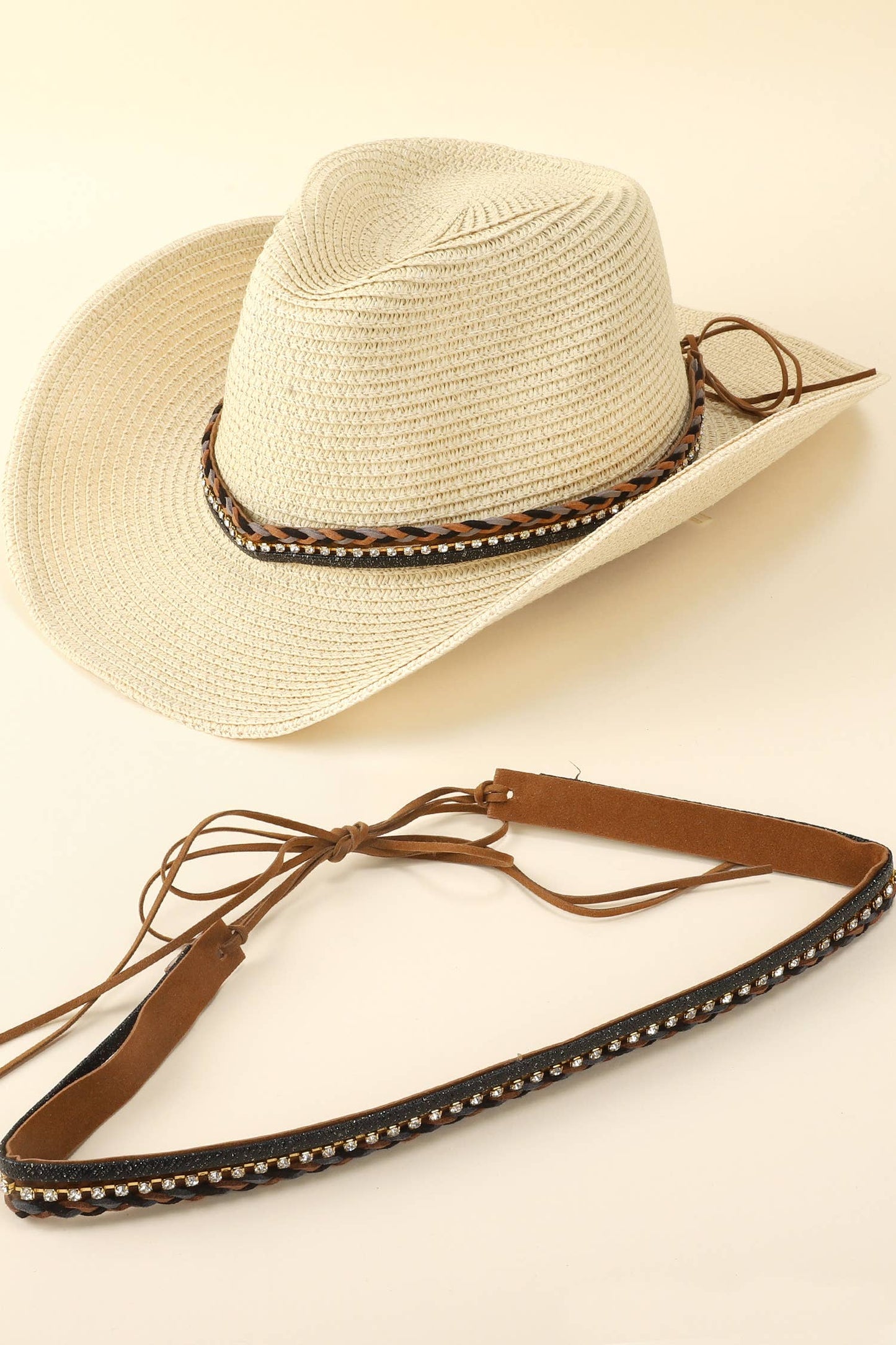 Western Rhinestone Braided Leather Hat Band